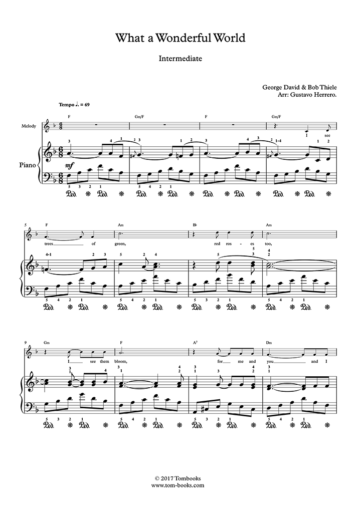 Piano Sheet Music What a Wonderful World (Intermediate Level, solo